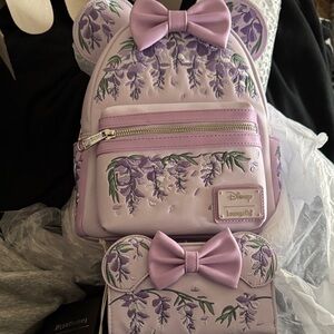 NWT. Loungefly Lavender Wisteria Mini Backpack and Wallet Set